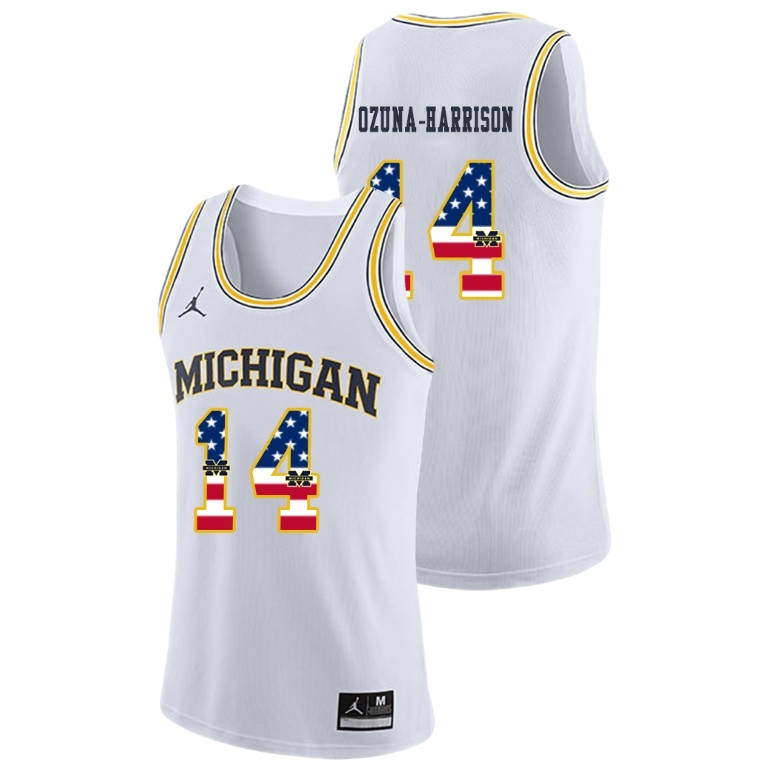 Michigan Wolverines Men's NCAA Rico Ozuna-Harrison #14 White Jordan Brand USA Flag College Basketball Jersey KEQ7249IC